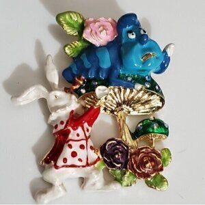 Alice In wonderland brooch enamel huge detailed rabbit mushroom caterpillar